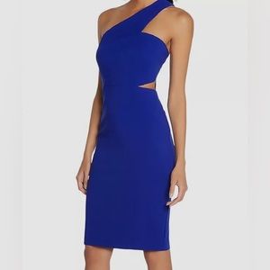 Aidan Mattox blue one-shoulder cutout crepe dress; size 6